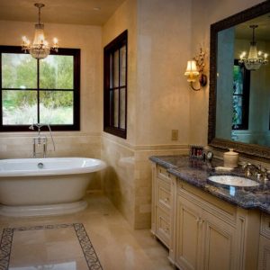 Elegant Bathroom with Blue and Gold Granite